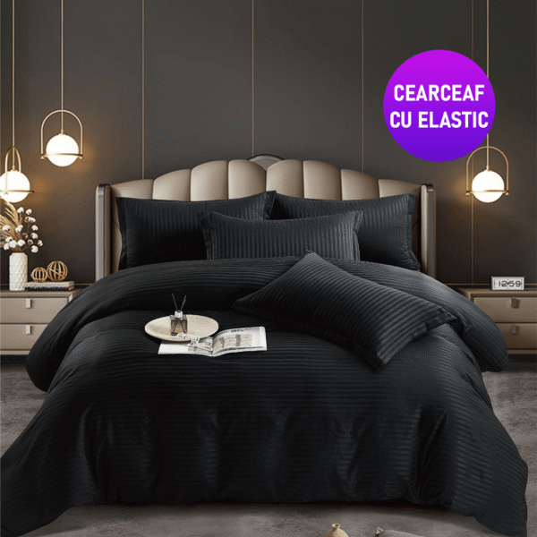 Lenjerie king size Damasc Finet 6 piese Negru