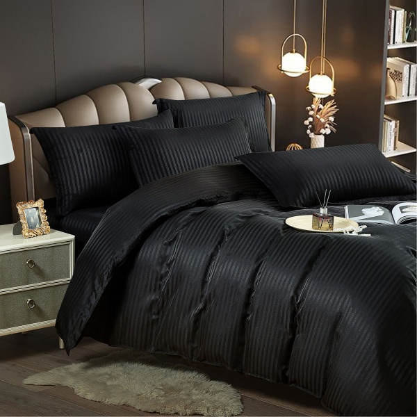 Lenjerie single (o persoana) Damasc Finet 4 piese Negru - imagine 3