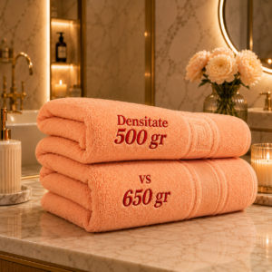 Set 2 Prosoape Pufoase de Lux 70×130cm, 100% Bumbac Pieptanat, Zero Twist, 650 g/mp-Peach Diferente 500gr vs 650 gr