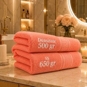 Set 2 Prosoape Pufoase de Lux 70×130cm, 100% Bumbac Pieptanat, Zero Twist, 650 g/mp-Coral Diferente 500gr vs 650 gr