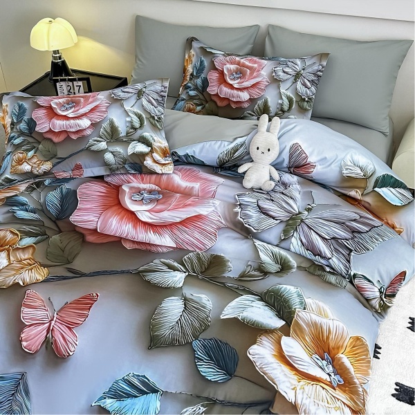 Lenjerie de Pat Finet – Imprimare Digitală 5D, 4 Piese, pentru 1 Persoană, Cearșaf cu Elastic-Floral2 - imagine 3