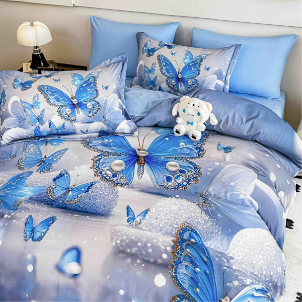 Lenjerie de Pat Finet – Imprimare Digitală 5D, 4 Piese, pentru 1 Persoană, Cearșaf cu Elastic-Fluturi4 - imagine 3