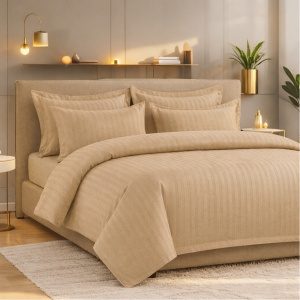 Lenjerie Damasc Uni, King Size Bej– 6 Piese