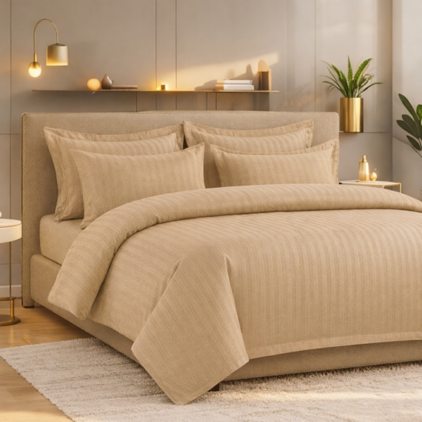 Lenjerie Damasc Uni, King Size Bej– 6 Piese