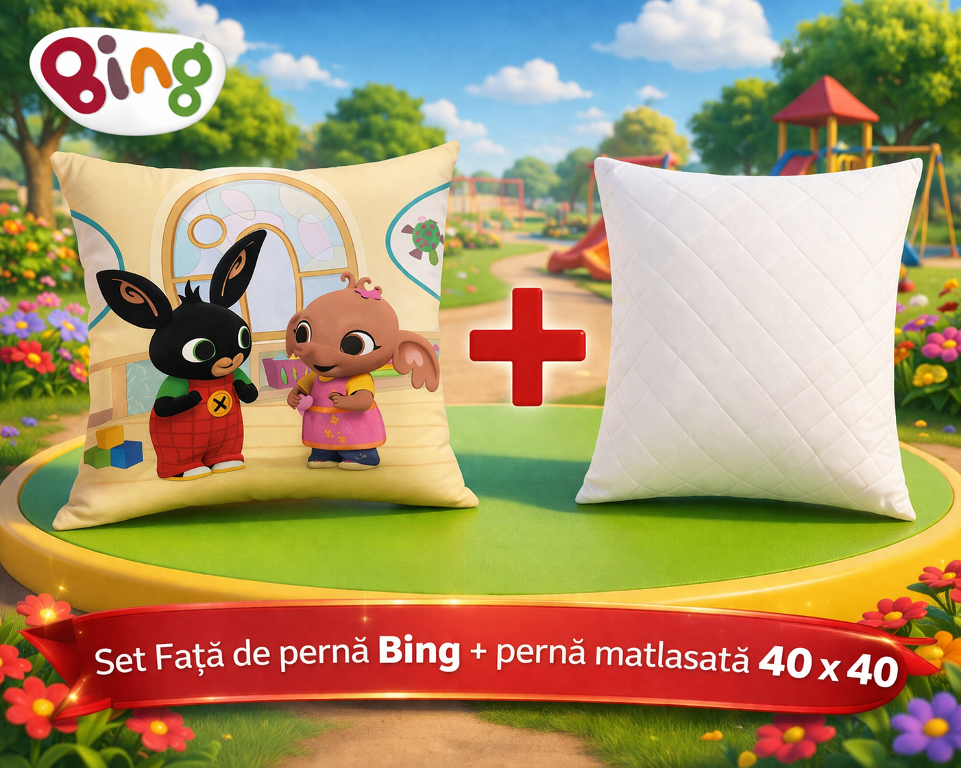 Set Față de pernă imprimata iepurasul Bing-licentiata + pernă matlasată 40×40 cm Set Față de pernă imprimata iepurasul Bing-licentiata + pernă matlasată 40×40 cm