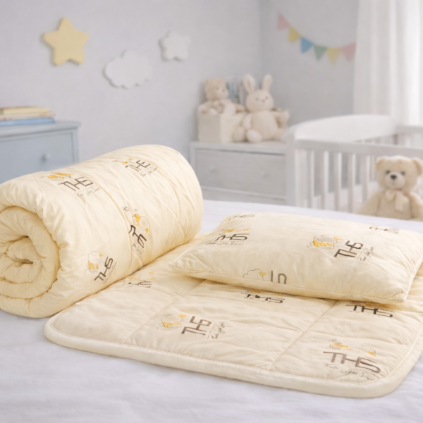 Set Complet Lana Merino Copii/Bebeluși | Pernă 35x45 cm + Pilotă 80x120 cm + Saltea Înfășat 50x70 cm | crem/oita