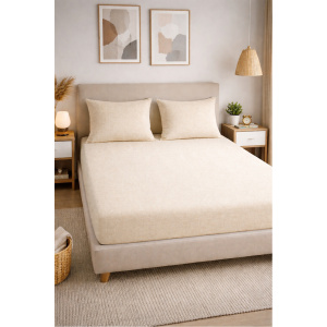 Set Cearceaf cu Elastic + 2 Fete de Pernă 50x70 cm, Bumbac Mercelizat, 160x200 / 180x200 cm-Crem