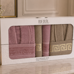 Set cadou premium halate și prosoape din bumbac 100% – 2 halate unisex + 4 prosoape, cutie elegantă cu mâner-SHB-10