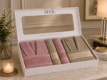 Set cadou premium halate și prosoape din bumbac 100% – 2 halate unisex + 4 prosoape, cutie elegantă cu mâner-SHB-10