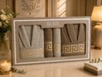 Set cadou premium halate și prosoape din bumbac 100% – 2 halate unisex + 4 prosoape, cutie elegantă cu mâner-SHB-14
