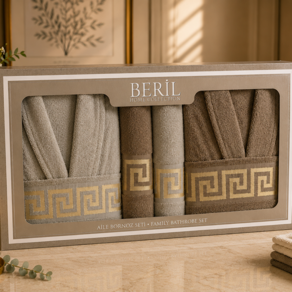 Set cadou premium halate și prosoape din bumbac 100% – 2 halate unisex + 4 prosoape, cutie elegantă cu mâner-SHB-14