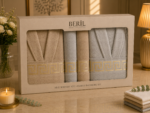 Set cadou premium halate și prosoape din bumbac 100% – 2 halate unisex + 4 prosoape, cutie elegantă cu mâner-SHB-16