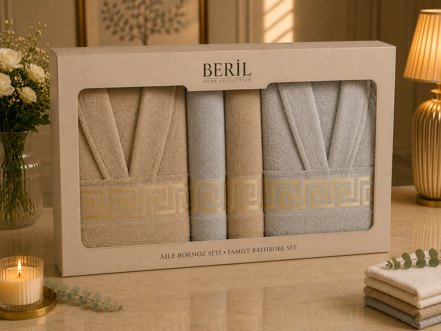 Set cadou premium halate și prosoape din bumbac 100% – 2 halate unisex + 4 prosoape, cutie elegantă cu mâner-SHB-16 Set cadou premium halate și prosoape din bumbac 100% – 2 halate unisex + 4 prosoape, cutie elegantă cu mâner-SHB-16