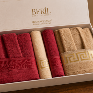 Set cadou premium halate și prosoape din bumbac 100% – 2 halate unisex + 4 prosoape, cutie elegantă cu mâner-SHB-17
