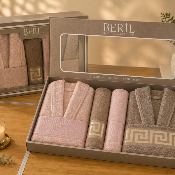 Set cadou premium halate și prosoape din bumbac 100% – 2 halate unisex + 4 prosoape, cutie elegantă cu mâner