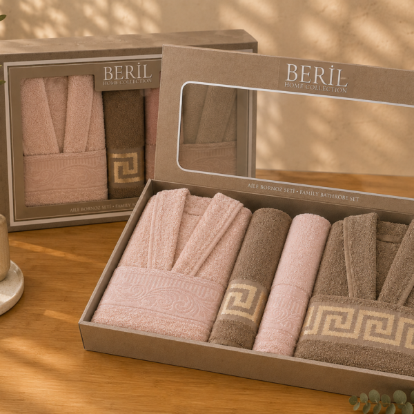 Set cadou premium halate și prosoape din bumbac 100% – 2 halate unisex + 4 prosoape, cutie elegantă cu mâner