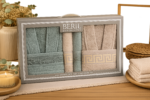Set cadou premium halate și prosoape din bumbac 100% – 2 halate unisex + 4 prosoape, cutie elegantă cu mâner-