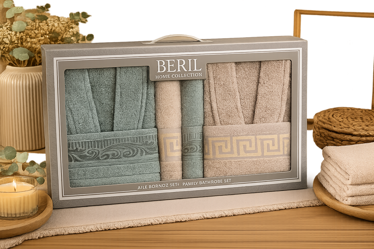 Set cadou premium halate și prosoape din bumbac 100% – 2 halate unisex + 4 prosoape, cutie elegantă cu mâner- Set cadou premium halate și prosoape din bumbac 100% – 2 halate unisex + 4 prosoape, cutie elegantă cu mâner-