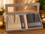 Set cadou premium halate și prosoape din bumbac 100% – 2 halate unisex + 4 prosoape, cutie elegantă cu mâner