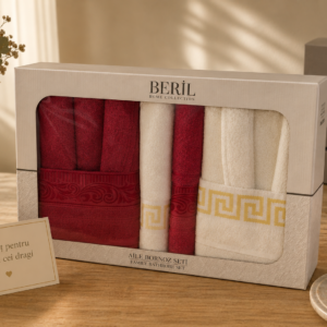 Set cadou premium halate și prosoape din bumbac 100% – 2 halate unisex + 4 prosoape, cutie elegantă cu mâner