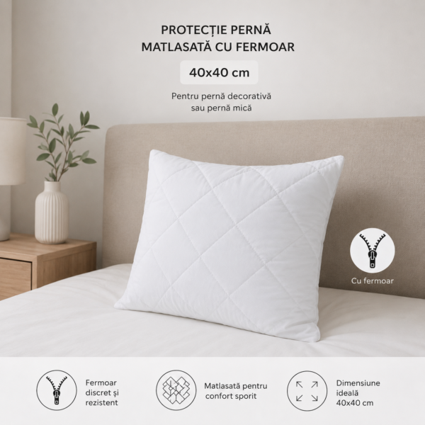 Protectie perna matlasată cu fermoar 40x40cm Alb - imagine 2