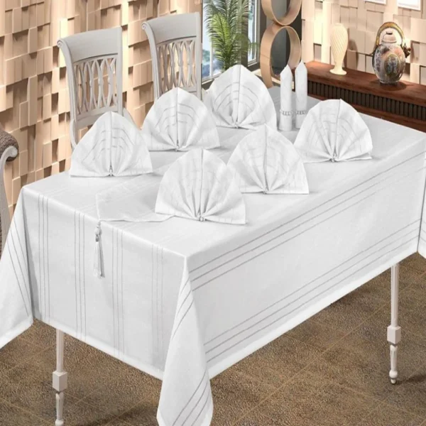 Fata De Masa Colber Jaquard Damasc Deluxe Alba 150×220cm 26 piese