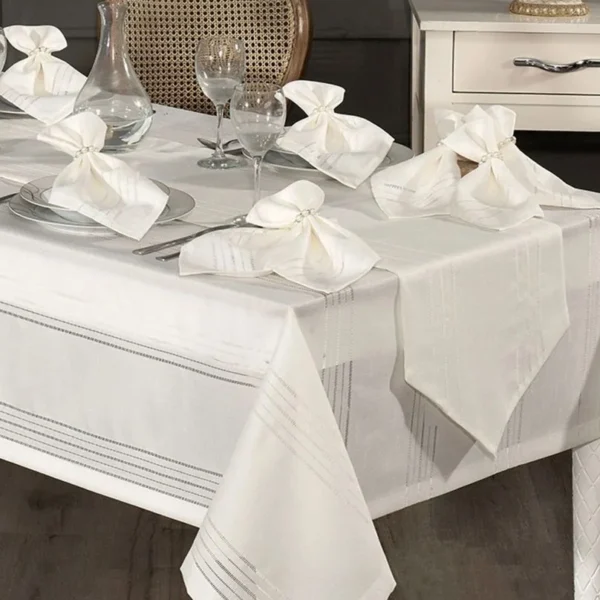 Fata De Masa Colber Jaquard Damasc Deluxe Alba 150×220cm 26 piese