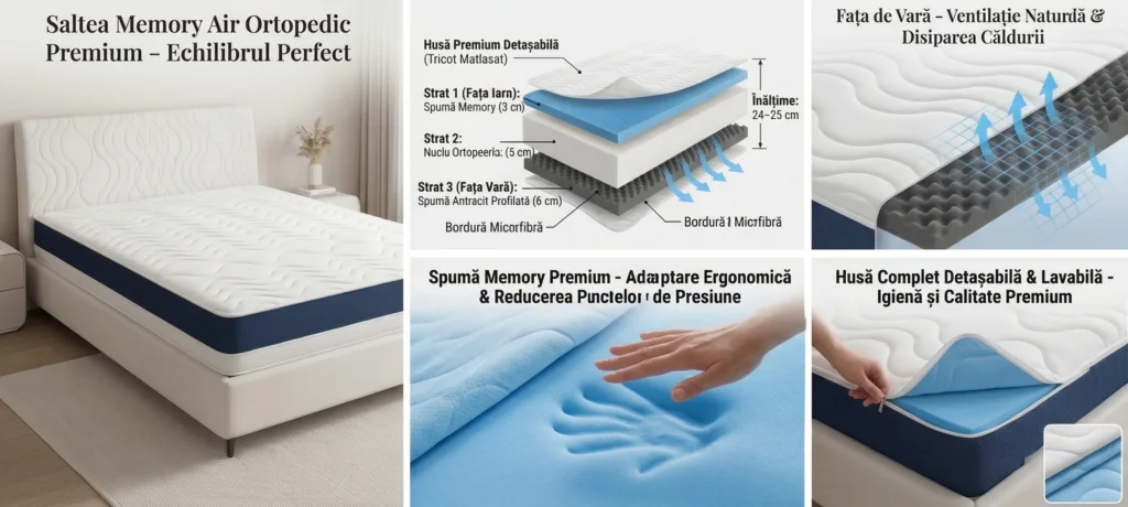 Saltea Ortopedică Premium Dual Season 25 cm – Memory Foam, Ventilație 3D, Husă Detașabilă, Fermitate Medie Saltea Ortopedică Premium Dual Season 25 cm – Memory Foam, Ventilație 3D, Husă Detașabilă, Fermitate Medie
