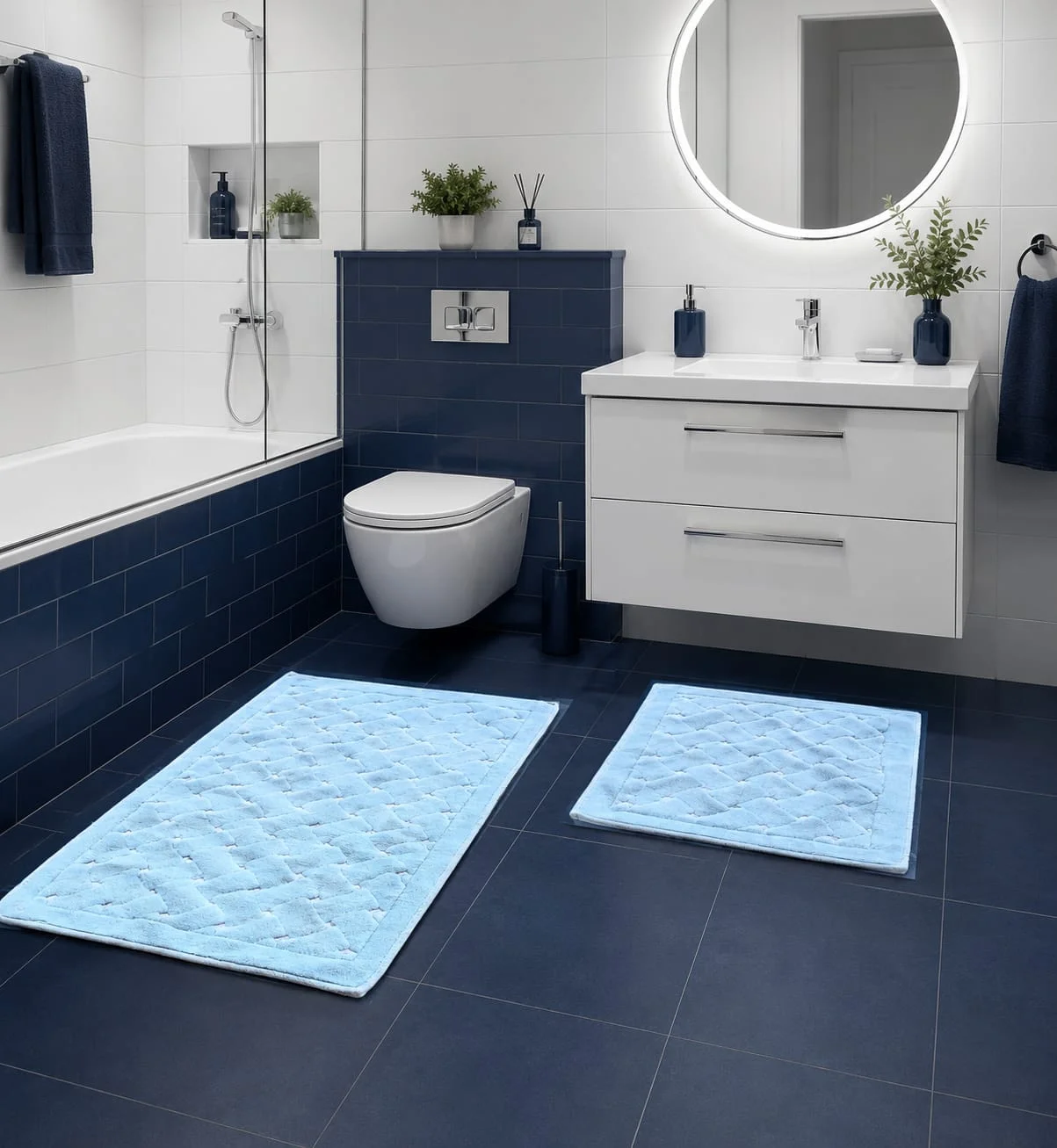 set-covorase-baie-100-bumbac-lines-bleu-tropik-design-elegant Set Covorașe Baie 100% Bumbac Lines Bleu Tropik