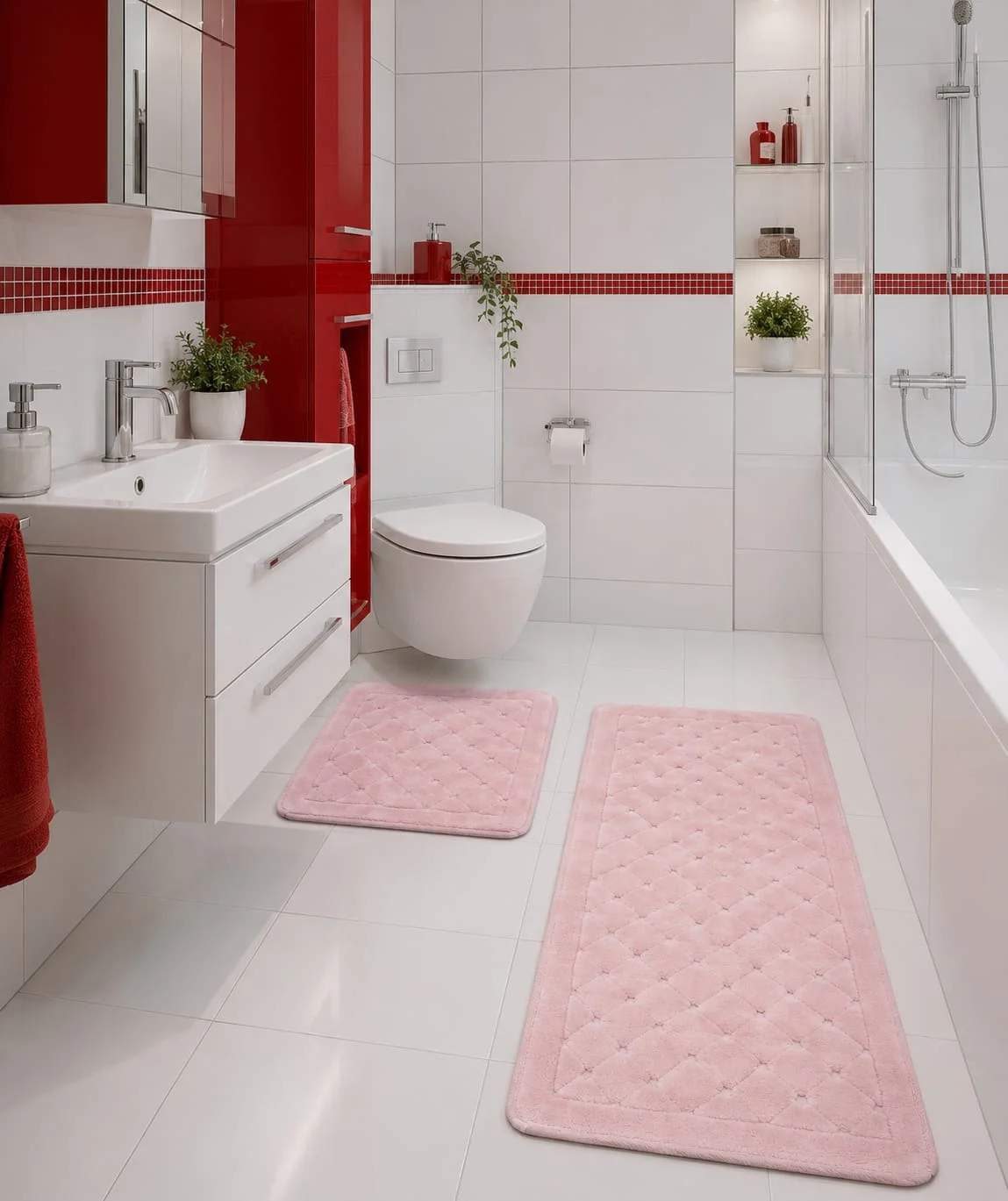 set-covorase-baie-100-bumbac-lines-roz-pudra-tropik-design-elegant Set Covorașe Baie 100% Bumbac Lines Roz Pudra Tropik