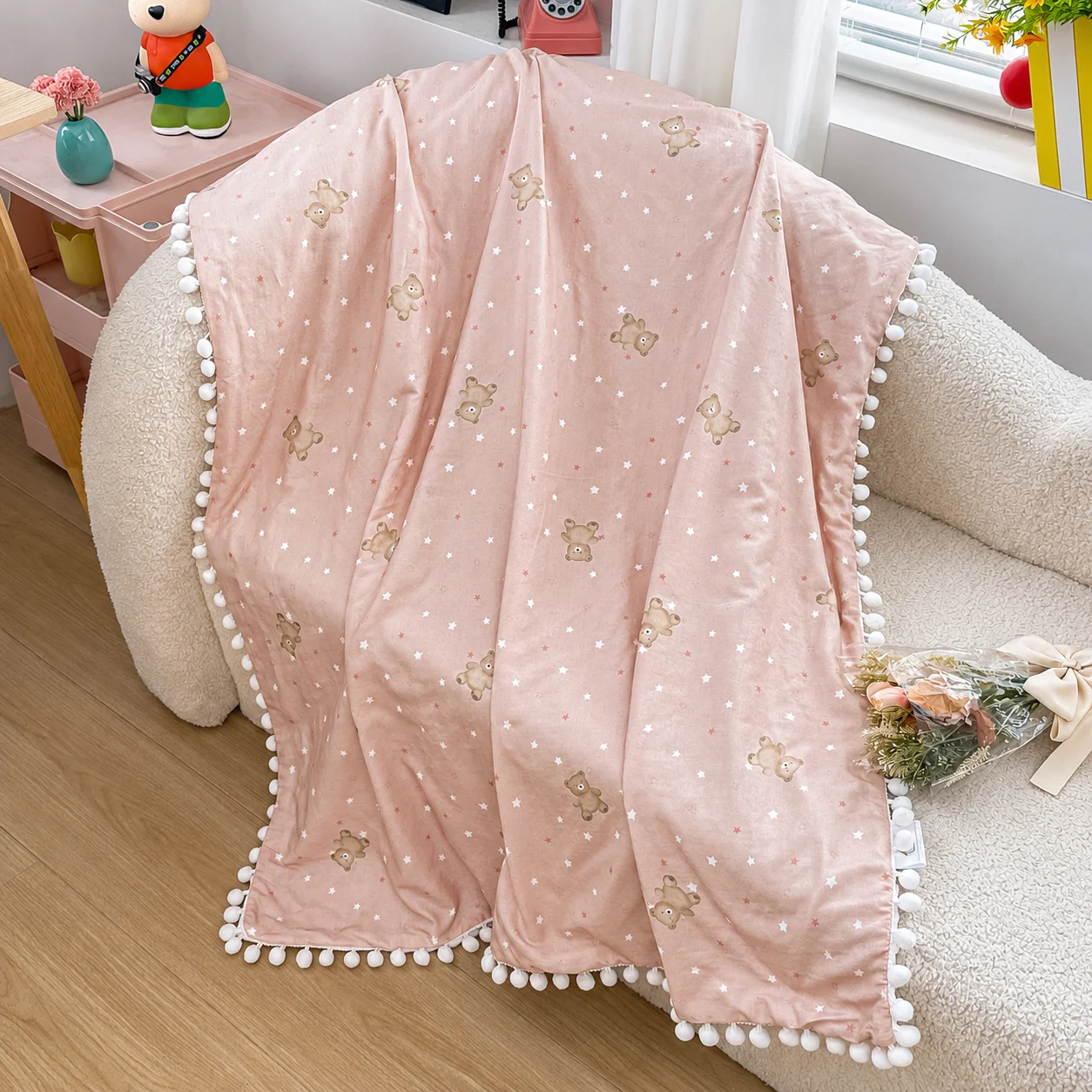 patura-copii-bumbac-100-roz-cu-ursuleti-100x150-cm-693346 Pătură copii bumbac 100%, roz cu ursuleț, 100x150 cm