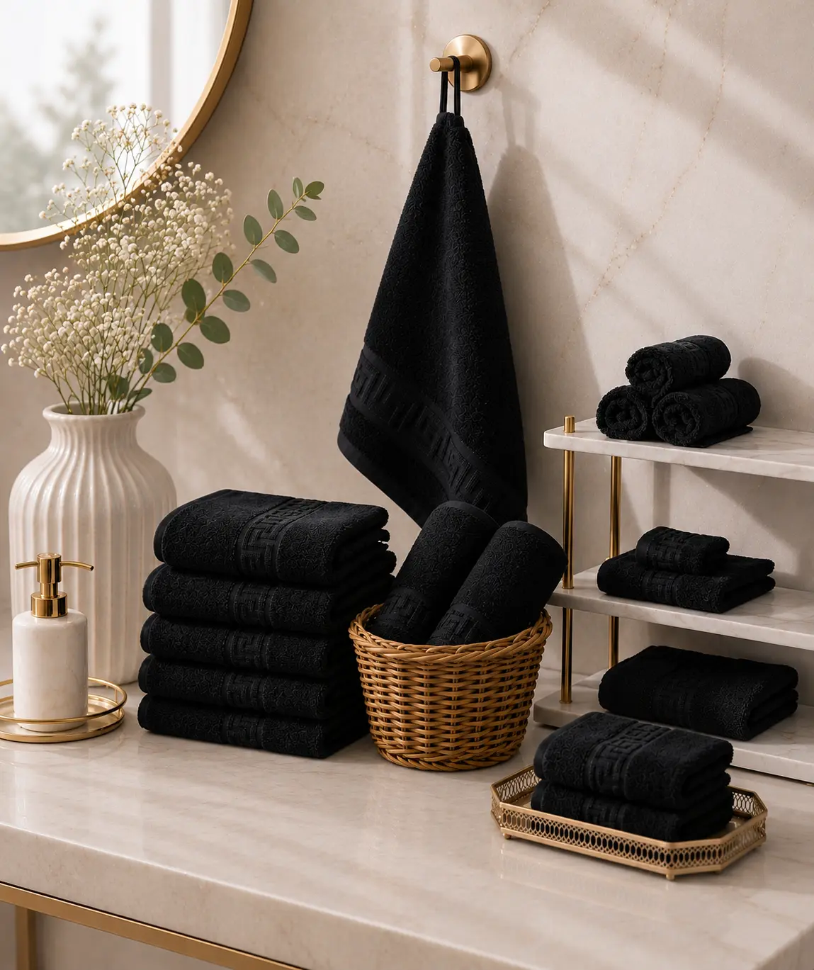 10xPRG6510_negru.webp Set 10 Prosoape de Lux 30x50cm 100% Bumbac Pieptanat 650 g/mp-Negru - imagine 1